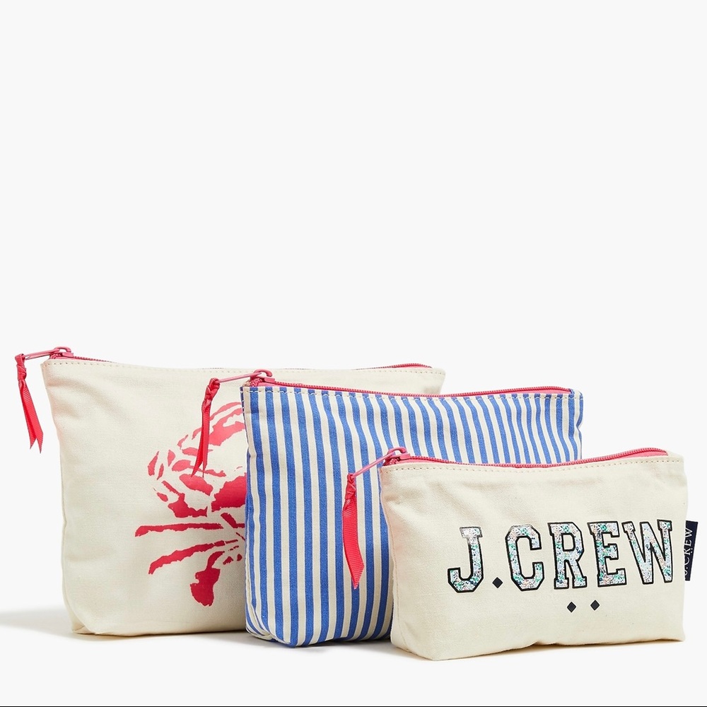 J. CREW Canvas Pouches Set of Three Crab Logo Stripe Set Zippered Cosmetic Bags - Picture 6 of 6